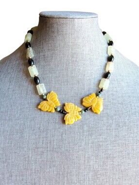 Antique Carved Yellow Green Jades Butterfly & Black Onyx Necklace